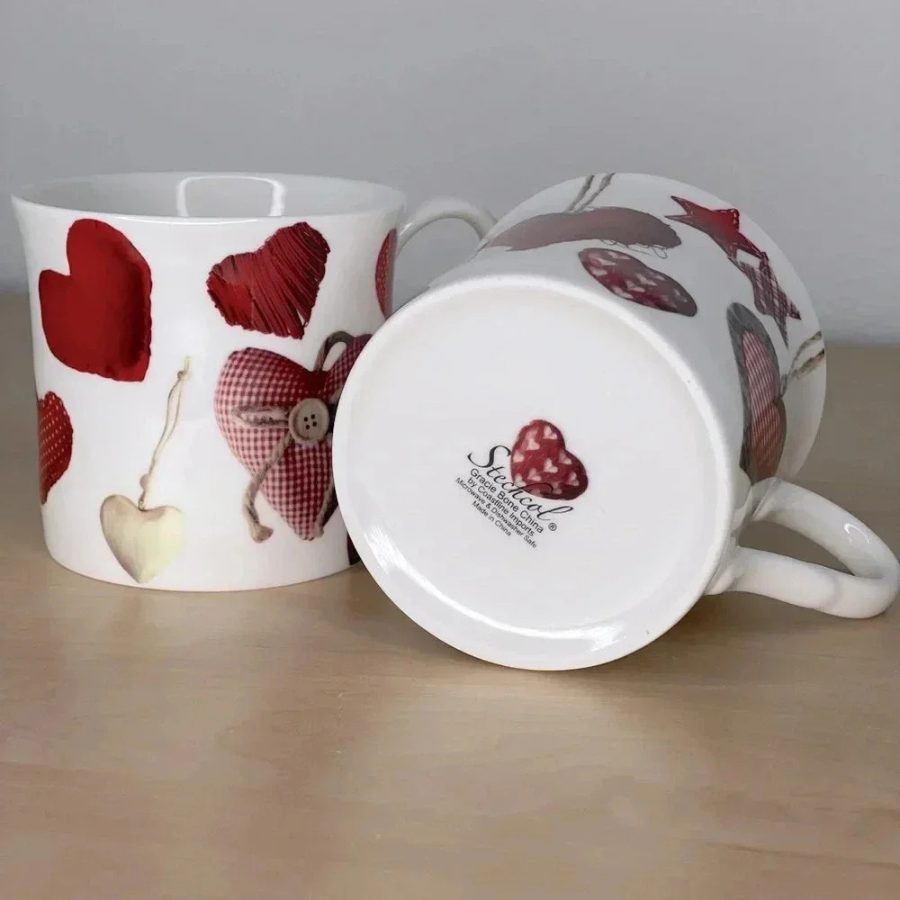 STECHCOL Fine Bone China Coffee Tea Cup Mug Love Heart Button Valentine NEW. 2X
